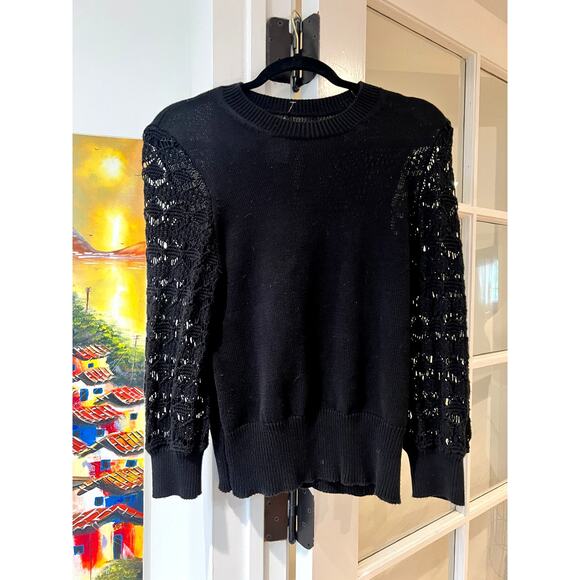 Cotton by Autumn Cashmere Black Sweater, Crochet Knit Sleeve, Fall Winter Top, S - Picture 2 of 4